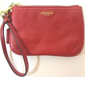 Coach‎ New York Red Leather Wristlet Clutch Bag Gold Hardware 6" X 4" Card Slots
